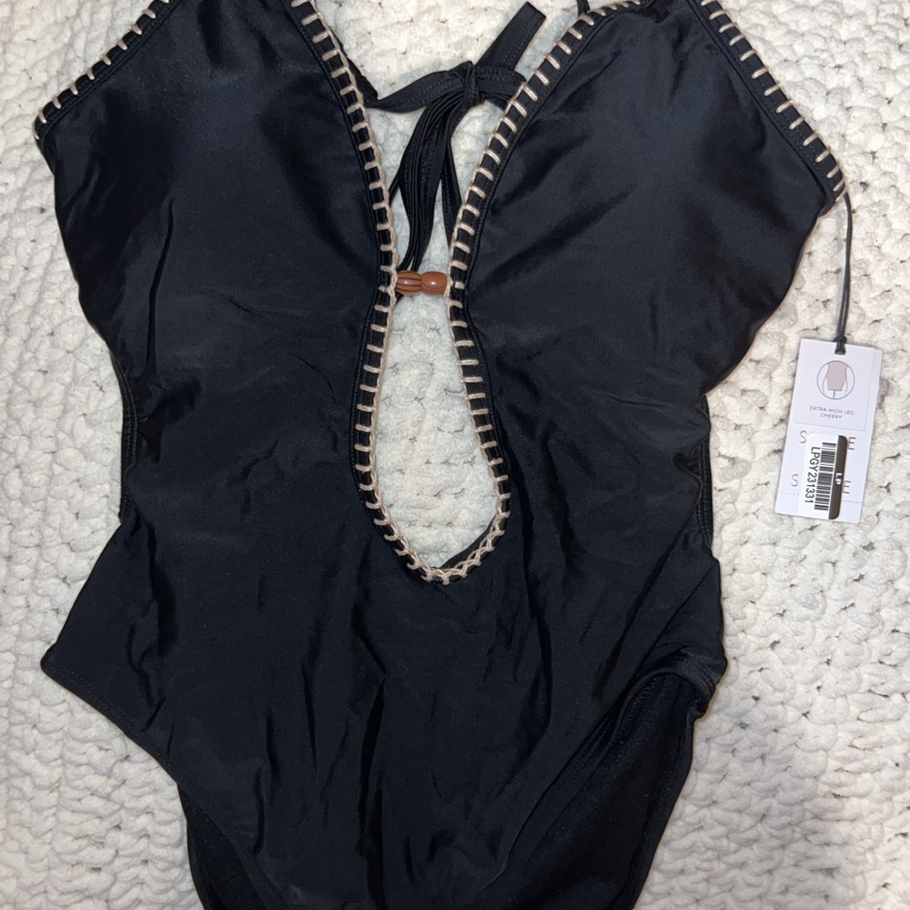 New with tags and liner intact Black One-Piece Swimsuit with Tan Trim beaded
